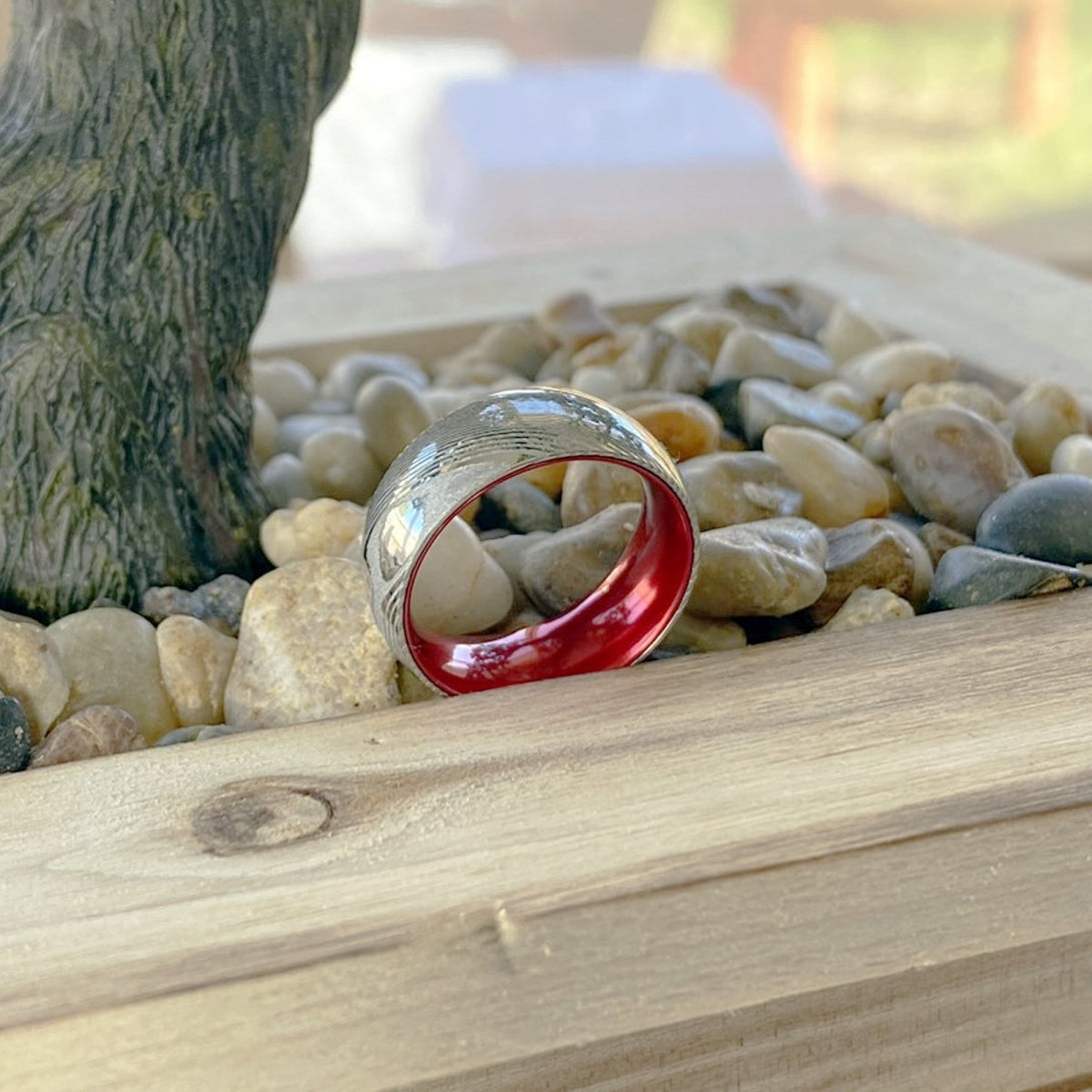 HIBISCUS | Red Ring, Silver Damascus Steel, Domed - Rings - Aydins Jewelry - 6