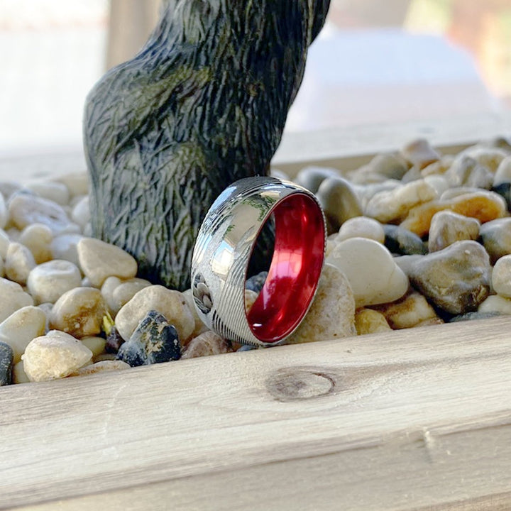 HIBISCUS | Red Ring, Silver Damascus Steel, Domed - Rings - Aydins Jewelry - 5