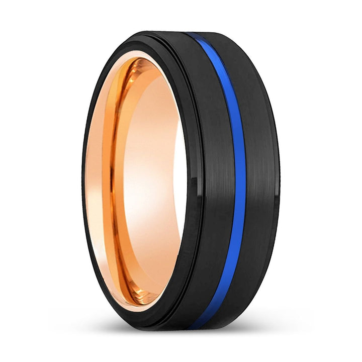 HIGA | Rose Gold Ring, Black Tungsten Ring, Blue Groove, Stepped Edge - Rings - Aydins Jewelry - 1