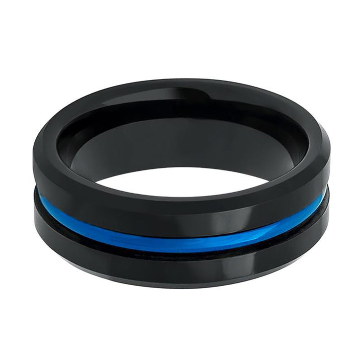 NORWAY | Black Tungsten Ring, High Polished, Blue Groove, Beveled