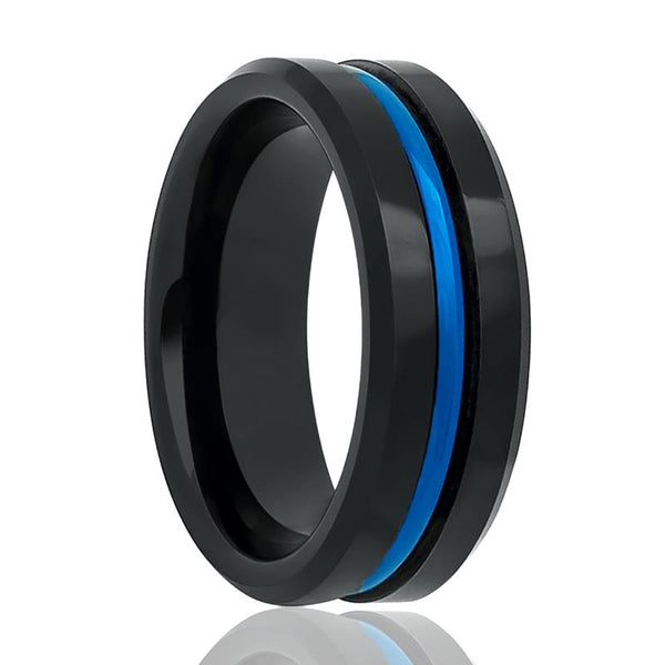 NORWAY | Black Tungsten Ring, High Polished, Blue Groove, Beveled - Rings - Aydins Jewelry - 1