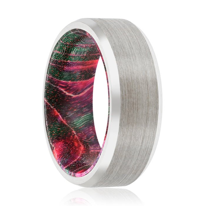HIRAM | Green & Red Wood, Silver Tungsten Ring, Brushed, Beveled - Rings - Aydins Jewelry - 1