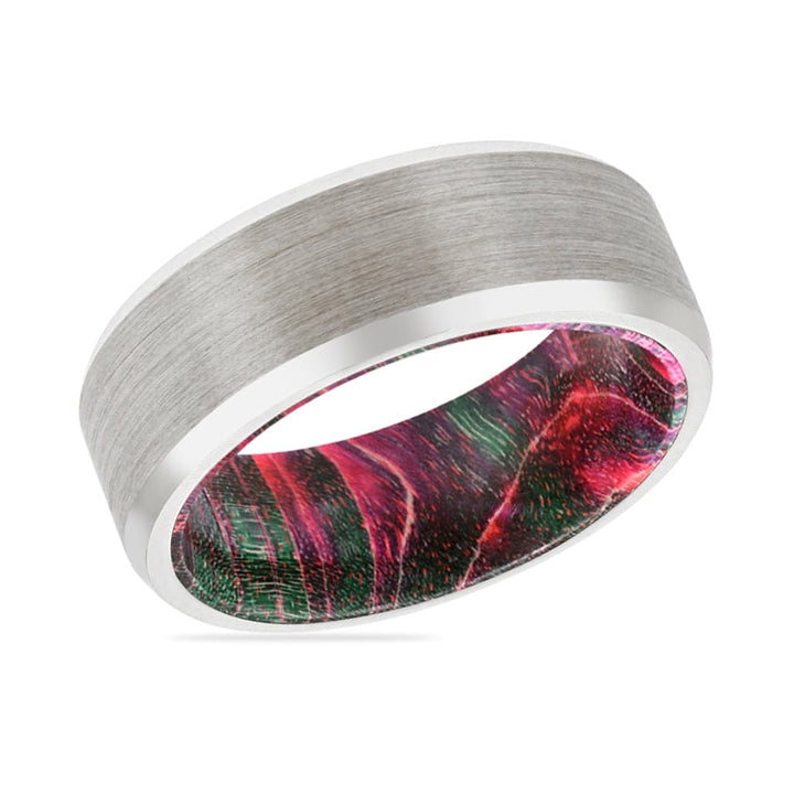 HIRAM | Green & Red Wood, Silver Tungsten Ring, Brushed, Beveled - Rings - Aydins Jewelry - 2