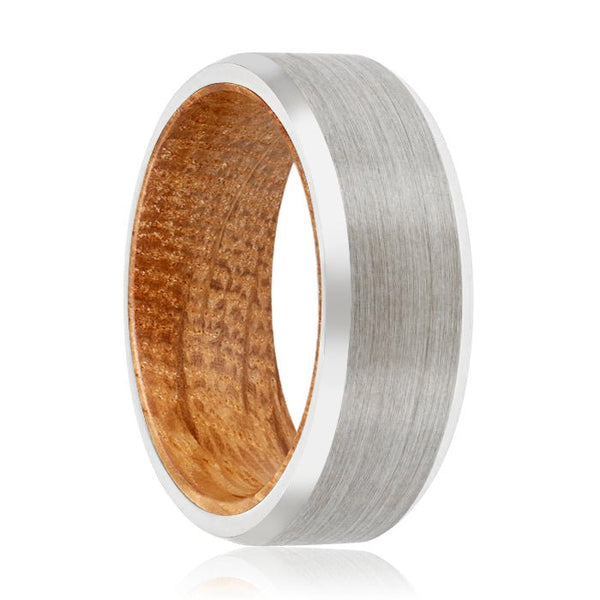 HOFFMAN | Whiskey Barrel Wood, Silver Tungsten Ring, Brushed, Beveled - Rings - Aydins Jewelry