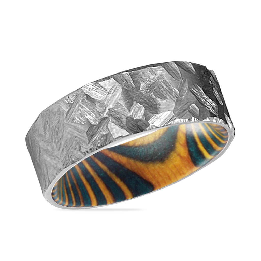 HOLLOW | Green and Yellow Wood, Silver Titanium Ring, Hammered, Flat - Rings - Aydins Jewelry - 2