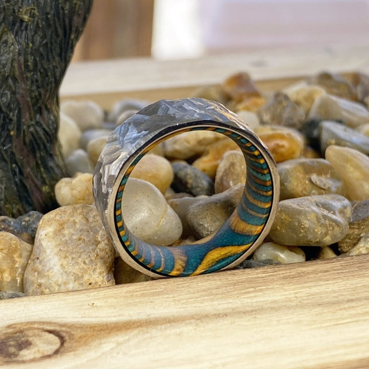 HOLLOW | Green and Yellow Wood, Silver Titanium Ring, Hammered, Flat - Rings - Aydins Jewelry - 5