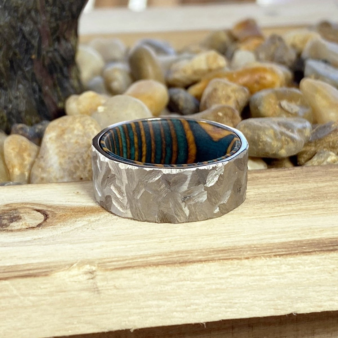 HOLLOW | Green and Yellow Wood, Silver Titanium Ring, Hammered, Flat - Rings - Aydins Jewelry - 7