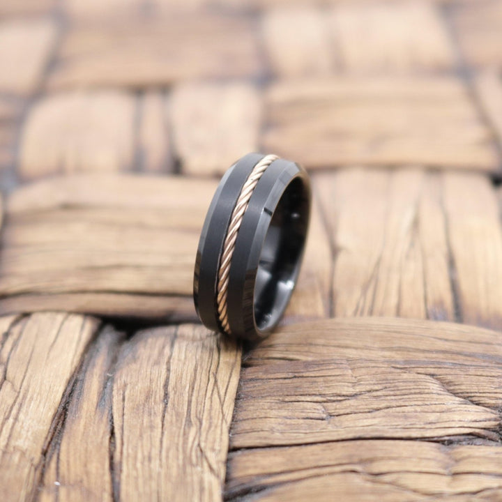HORATIO | Black Tungsten Ring, Rose Gold Rope, Beveled - Rings - Aydins Jewelry - 3