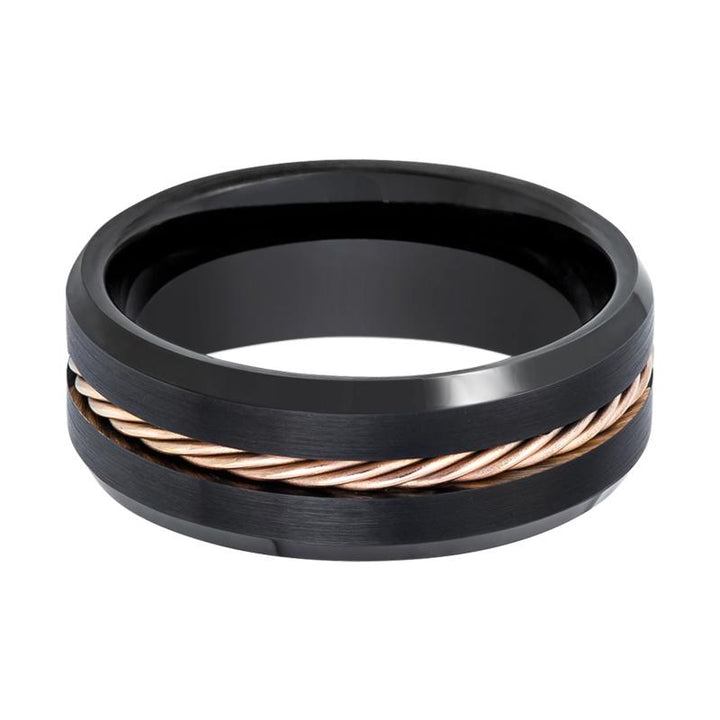 HORATIO | Black Tungsten Ring, Rose Gold Rope, Beveled - Rings - Aydins Jewelry - 2