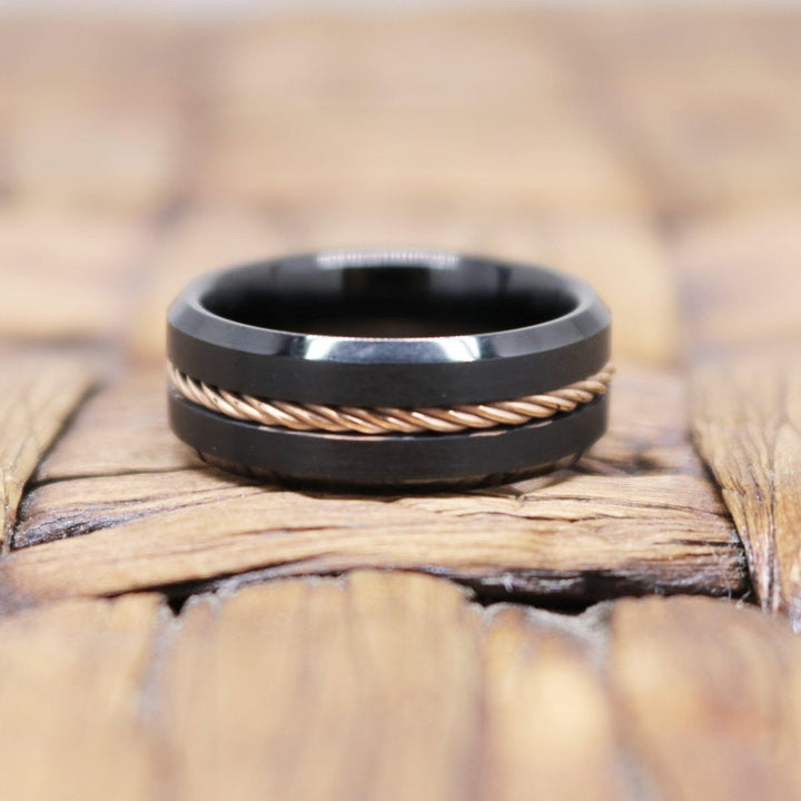 HORATIO | Black Tungsten Ring, Rose Gold Rope, Beveled - Rings - Aydins Jewelry - 4