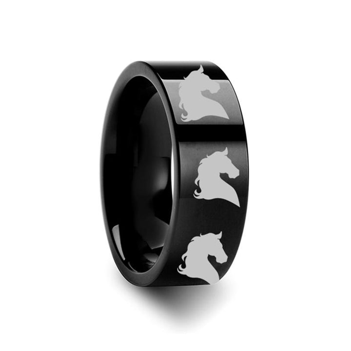 Horse Head Print Laser Engraved Flat Polished Tungsten Couple Matching Ring - 4MM - 12MM - Rings - Aydins Jewelry - 2