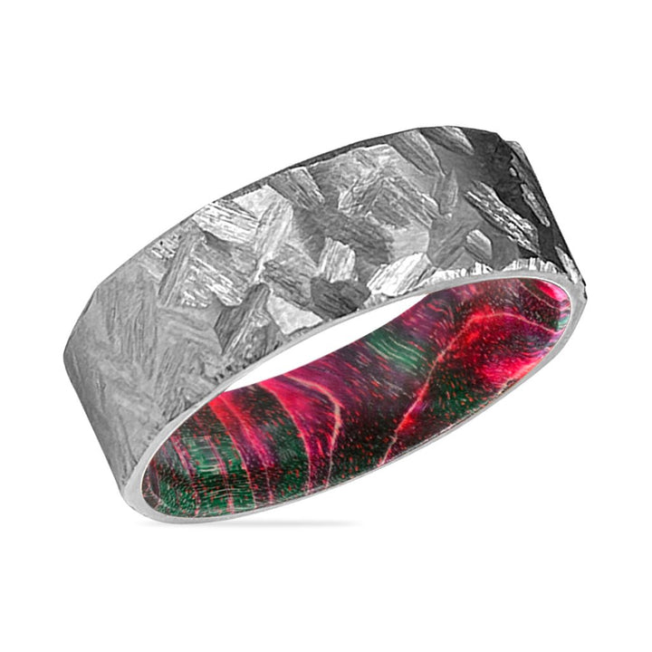 HUBER | Green and Red Wood, Silver Titanium Ring, Hammered, Flat - Rings - Aydins Jewelry