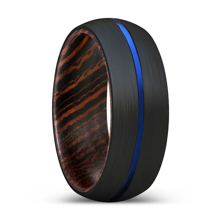 HUBS | Wenge Wood, Black Tungsten Ring, Blue Groove, Domed - Rings - Aydins Jewelry - 1