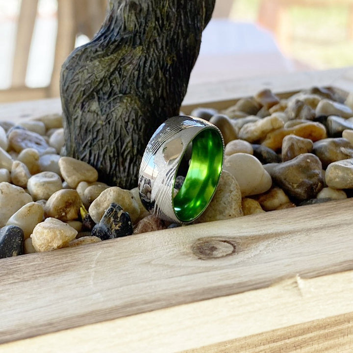 HULK | Green Ring, Silver Damascus Steel, Domed - Rings - Aydins Jewelry - 5