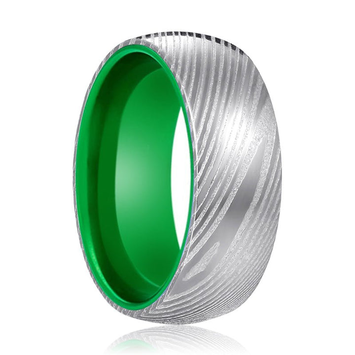 HULK | Green Ring, Silver Damascus Steel, Domed - Rings - Aydins Jewelry - 1