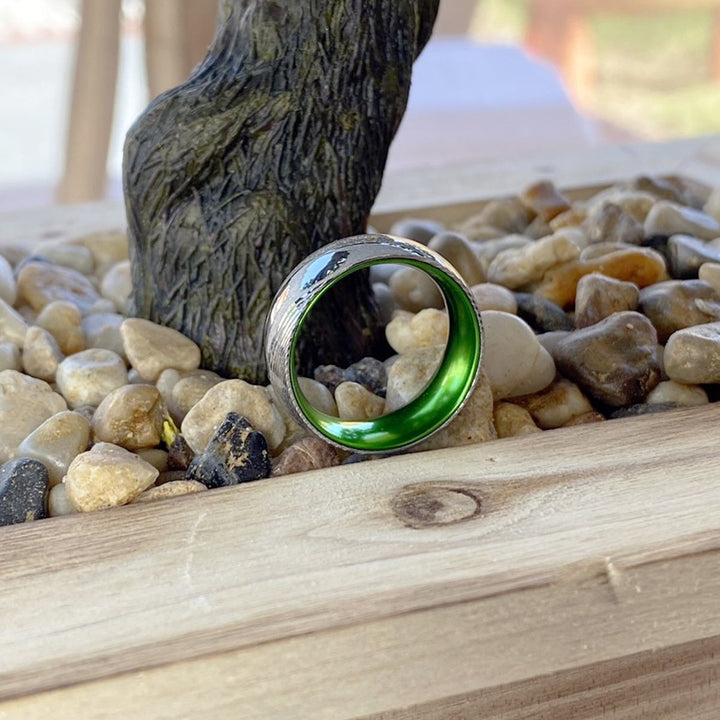 HULK | Green Ring, Silver Damascus Steel, Domed - Rings - Aydins Jewelry - 6