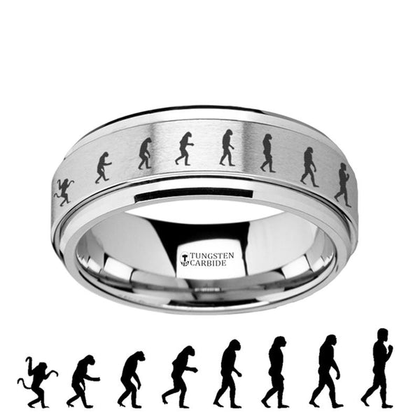 Human Evolution Engraved Spinning Tungsten Carbide Everyday Ring for Men with Bevels - 8MM - Rings - Aydins Jewelry