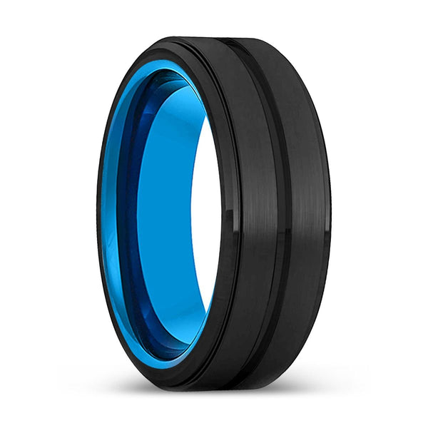 HUNTER | Blue Tungsten Ring, Black Tungsten Ring, Grooved, Stepped Edge - Rings - Aydins Jewelry