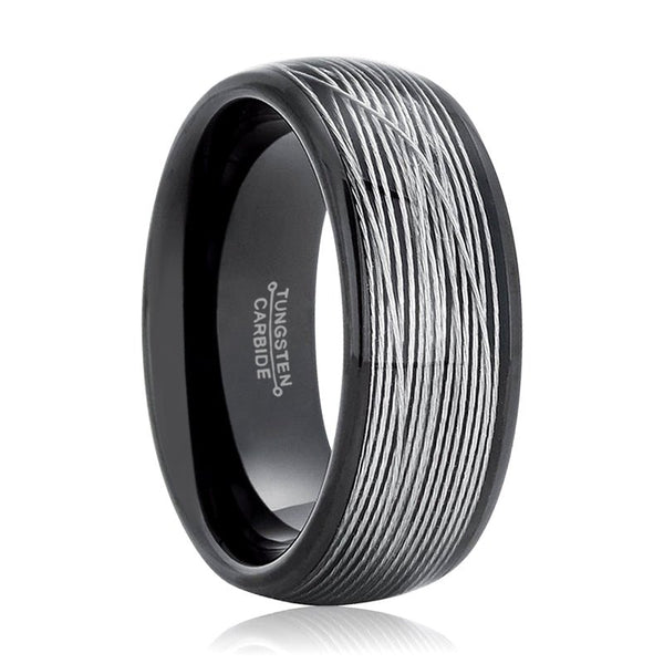 HURRICANE | Black Tungsten Ring, Silver Rolled Wire, Domed