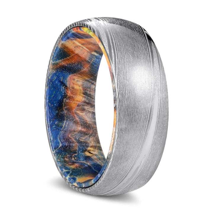 HYDE | Blue & Yellow/Orange Wood, Silver Damascus Steel, Domed - Rings - Aydins Jewelry