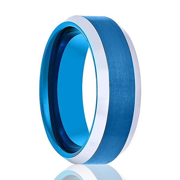 HYDRO | Blue Tungsten Ring, Brushed, Silver Beveled Edge - Rings - Aydins Jewelry - 1