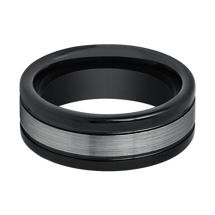 HYMEN | Black Tungsten Ring, Grey Stripe Center, Flat - Rings - Aydins Jewelry - 2