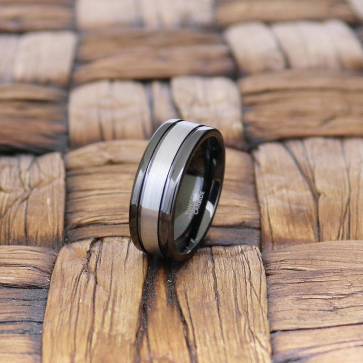 HYMEN | Black Tungsten Ring, Grey Stripe Center, Flat - Rings - Aydins Jewelry - 3