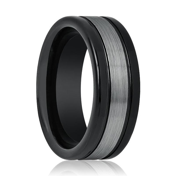 HYMEN | Black Tungsten Ring, Grey Stripe Center, Flat - Rings - Aydins Jewelry - 1