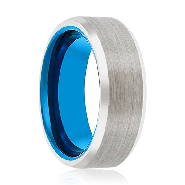 IBIZA | Blue Tungsten Ring, Silver Tungsten Ring, Brushed, Beveled - Rings - Aydins Jewelry - 1