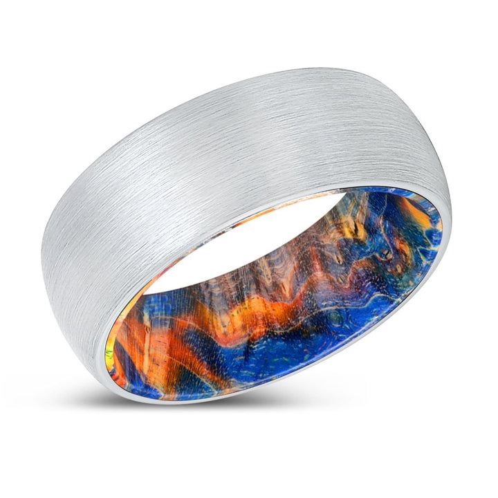 IMAGINATION | Blue & Yellow/Orange Wood, White Tungsten Ring, Brushed, Domed - Rings - Aydins Jewelry - 2