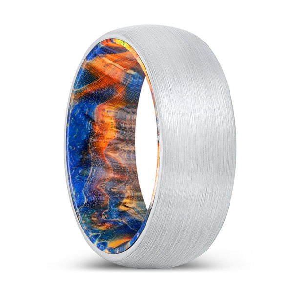IMAGINATION | Blue & Yellow/Orange Wood, White Tungsten Ring, Brushed, Domed - Rings - Aydins Jewelry - 1