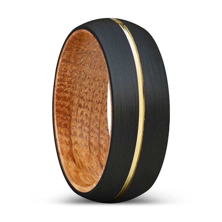 INFAMOUS | Whiskey Barrel Wood, Black Tungsten Ring, Gold Groove, Domed - Rings - Aydins Jewelry - 1