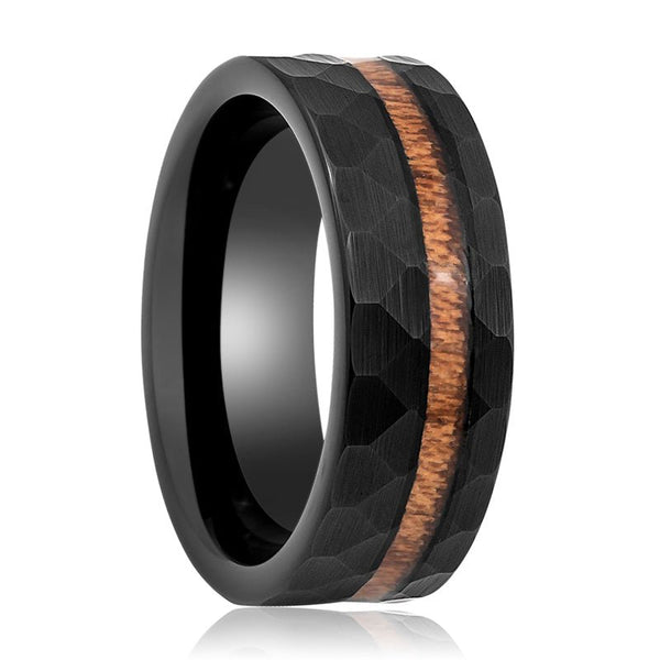 INFERNAL | Black Tungsten Ring, Hammered, Koa Wood Inlay, Flat - Rings - Aydins Jewelry - 1