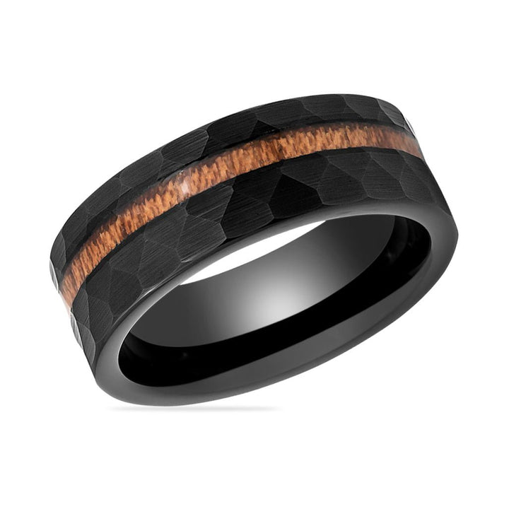 INFERNAL | Black Tungsten Ring, Hammered, Koa Wood Inlay, Flat - Rings - Aydins Jewelry - 2