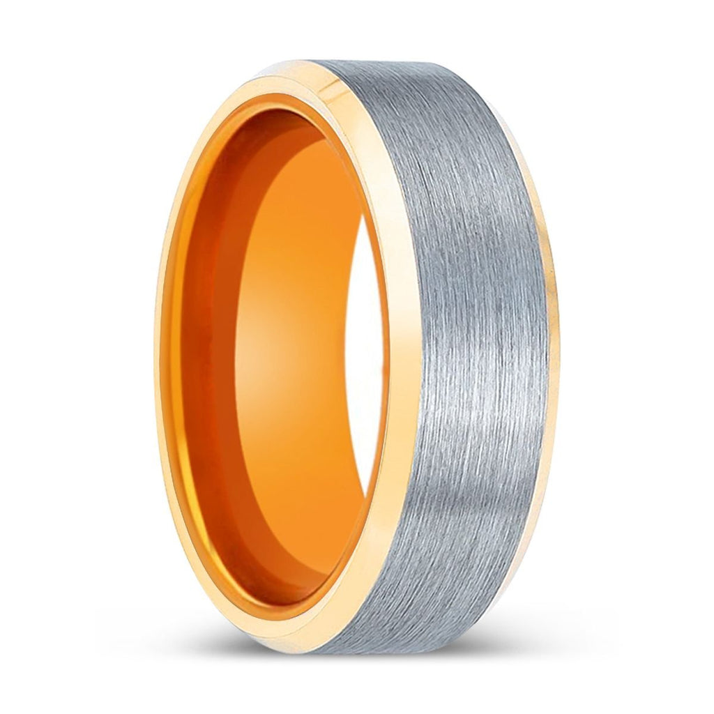 INFERNO | Orange Ring, Brushed, Silver Tungsten Ring, Gold Beveled Edges