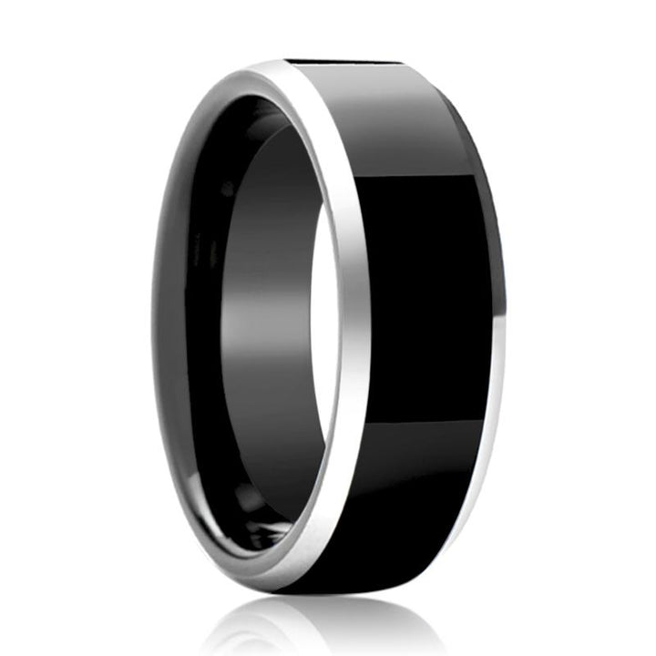 INFERNO | Black Tungsten Ring, High Polished, Silver Beveled - Rings - Aydins Jewelry - 1