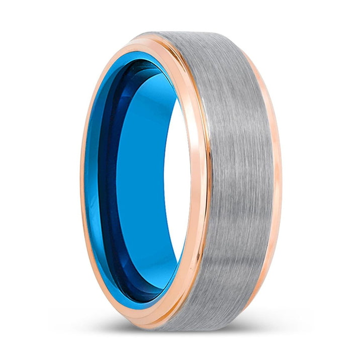 INFILTRATOR | Blue Tungsten Ring, Silver Tungsten Ring, Brushed, Rose Gold Stepped Edge - Rings - Aydins Jewelry - 1