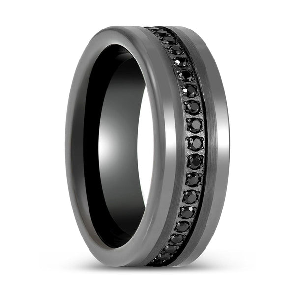 INFINITUM - Gun Metal Tungsten Ring, Black CZ Eternity, Flat - Rings - Aydins Jewelry