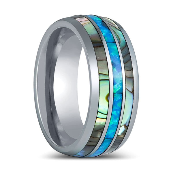 IRIDIAN | Silver Tungsten Ring, Domed Ring, Opal & Pearl Inlay - Rings - Aydins Jewelry - 1