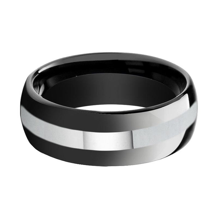 IRONCLAD | Black Tungsten Ring, Silver Stripe, Domed