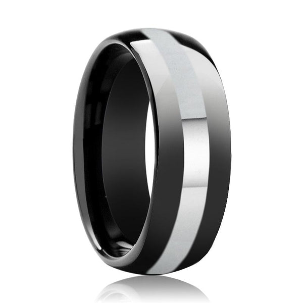 Aydins Tungsten Ring Black Shiny Polished Domed Wedding Band w/ Silver Stripe 8mm Tungsten Carbide Wedding Ring - Rings - Aydins_Jewelry