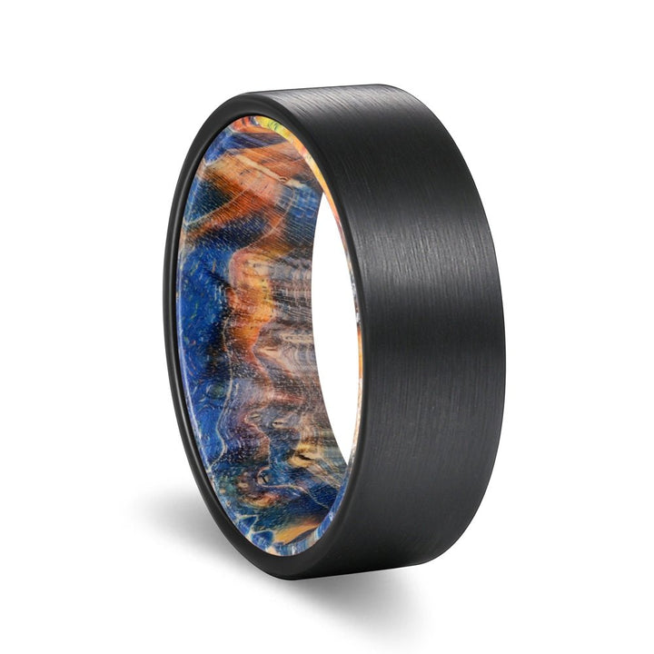 JACK | Blue & Yellow/Orange Wood, Black Flat Brushed Tungsten - Rings - Aydins Jewelry - 1