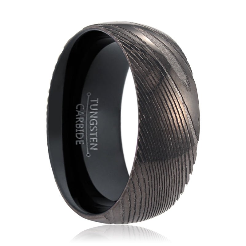 JACKAL | Black Ring, Gunmetal Damascus Steel Ring, Domed - Rings - Aydins Jewelry