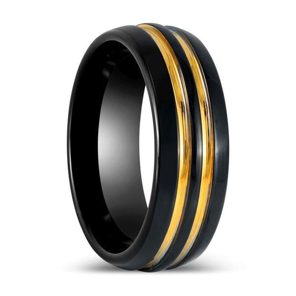 JAUCA | Black Tungsten Ring Two Yellow Strips