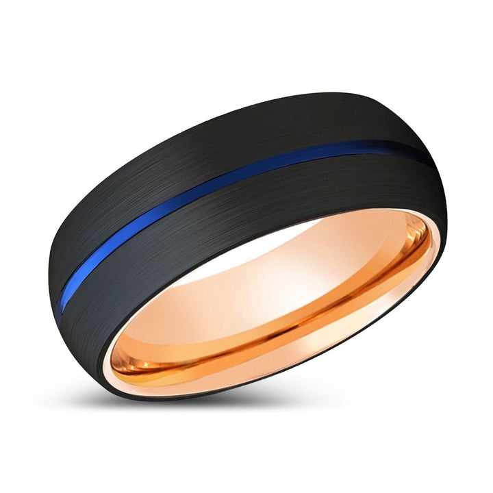 JAVA | Rose Gold Ring, Black Tungsten Ring, Blue Groove, Domed - Rings - Aydins Jewelry
