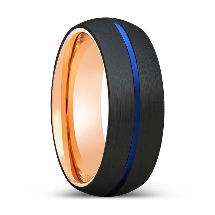 JAVA | Rose Gold Ring, Black Tungsten Ring, Blue Groove, Domed - Rings - Aydins Jewelry