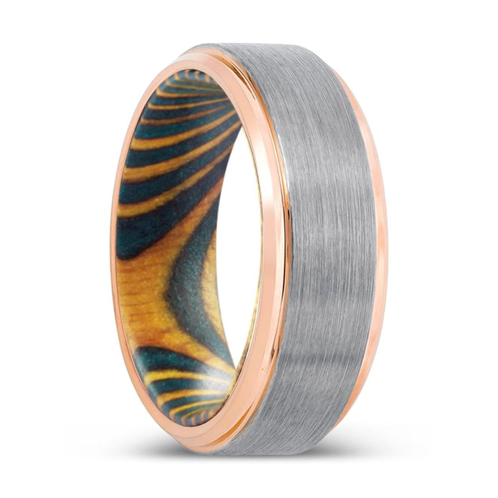 JAVELIN | Green & Yellow Wood, Silver Tungsten Ring, Brushed, Rose Gold Stepped Edge - Rings - Aydins Jewelry - 1