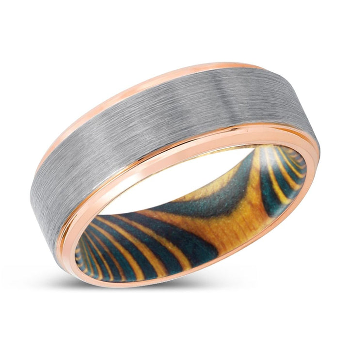 JAVELIN | Green & Yellow Wood, Silver Tungsten Ring, Brushed, Rose Gold Stepped Edge - Rings - Aydins Jewelry - 2