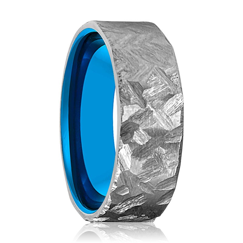 JAWS | Blue Tungsten Ring, Silver Titanium Ring, Hammered, Flat - Rings - Aydins Jewelry