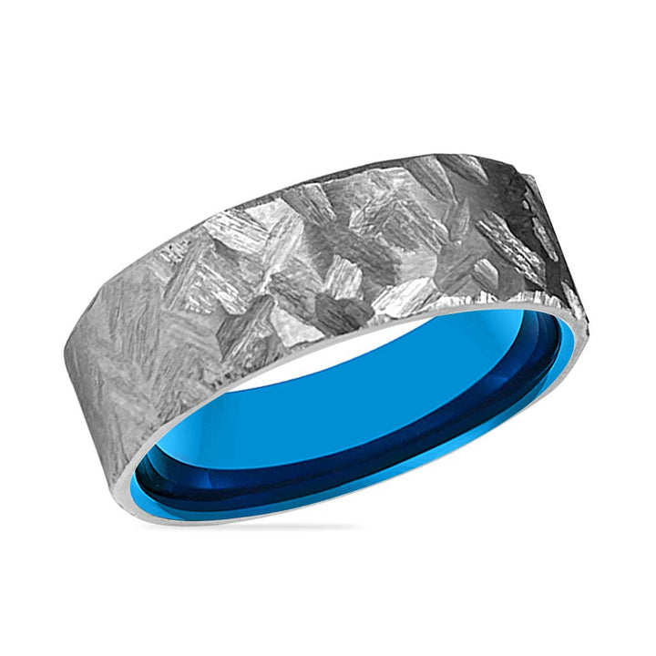 JAWS | Blue Tungsten Ring, Silver Titanium Ring, Hammered, Flat - Rings - Aydins Jewelry - 2